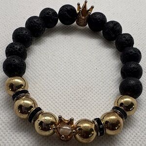 Black and Gold Beaded Bracelet with Crown Charm